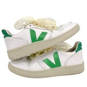 Veja V-10 Leather Sneakers White Green Leaf Emeraude Leather Casual US 8 | EU 39